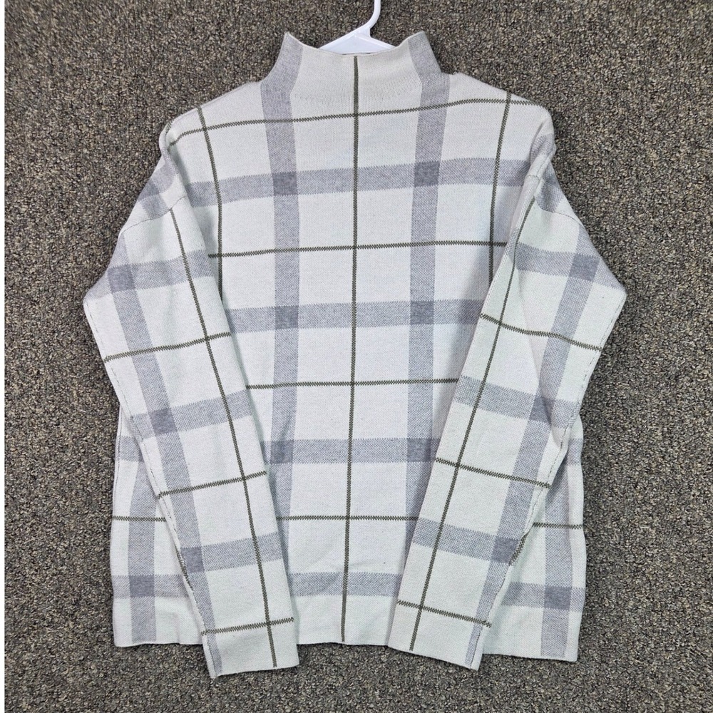 Jones New York Sweater Womens Medium Grey White Windowpane Plaid Mock Neck